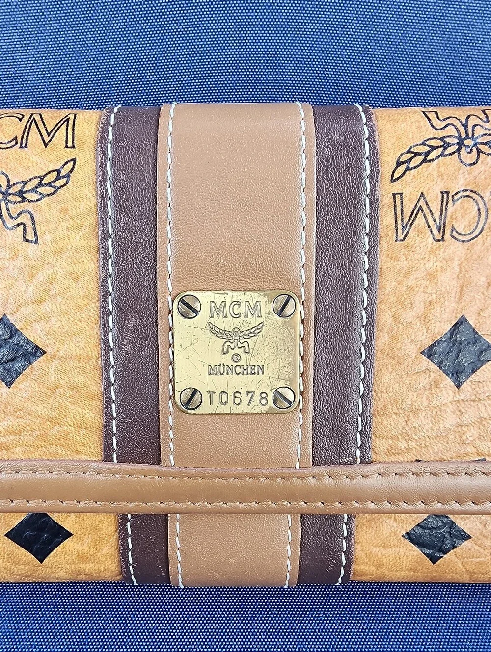 MCM Cognac Visetos Continental Wallet with Brown Center Stripe